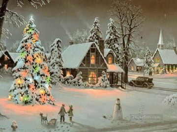  Navidad Lienzo - Muñeco de nieve y cabañas en Navidad.
